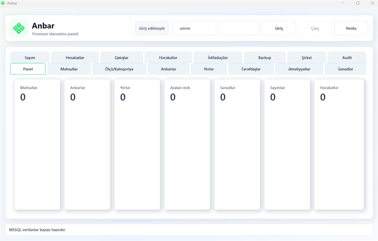Anbar idarəetmə sistemi dashboard görüntüsü