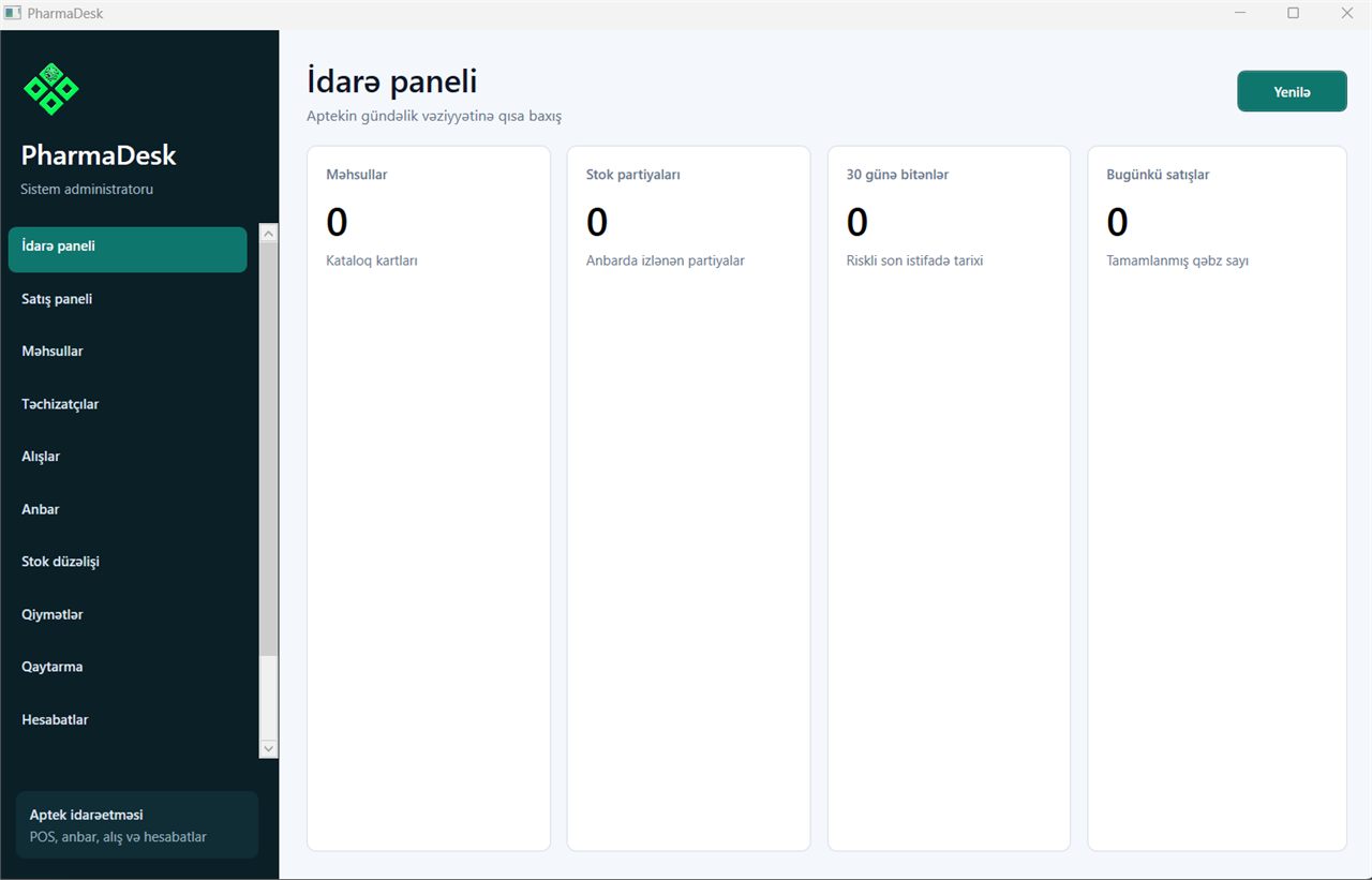 Aptek idarəetmə sistemi dashboard görüntüsü