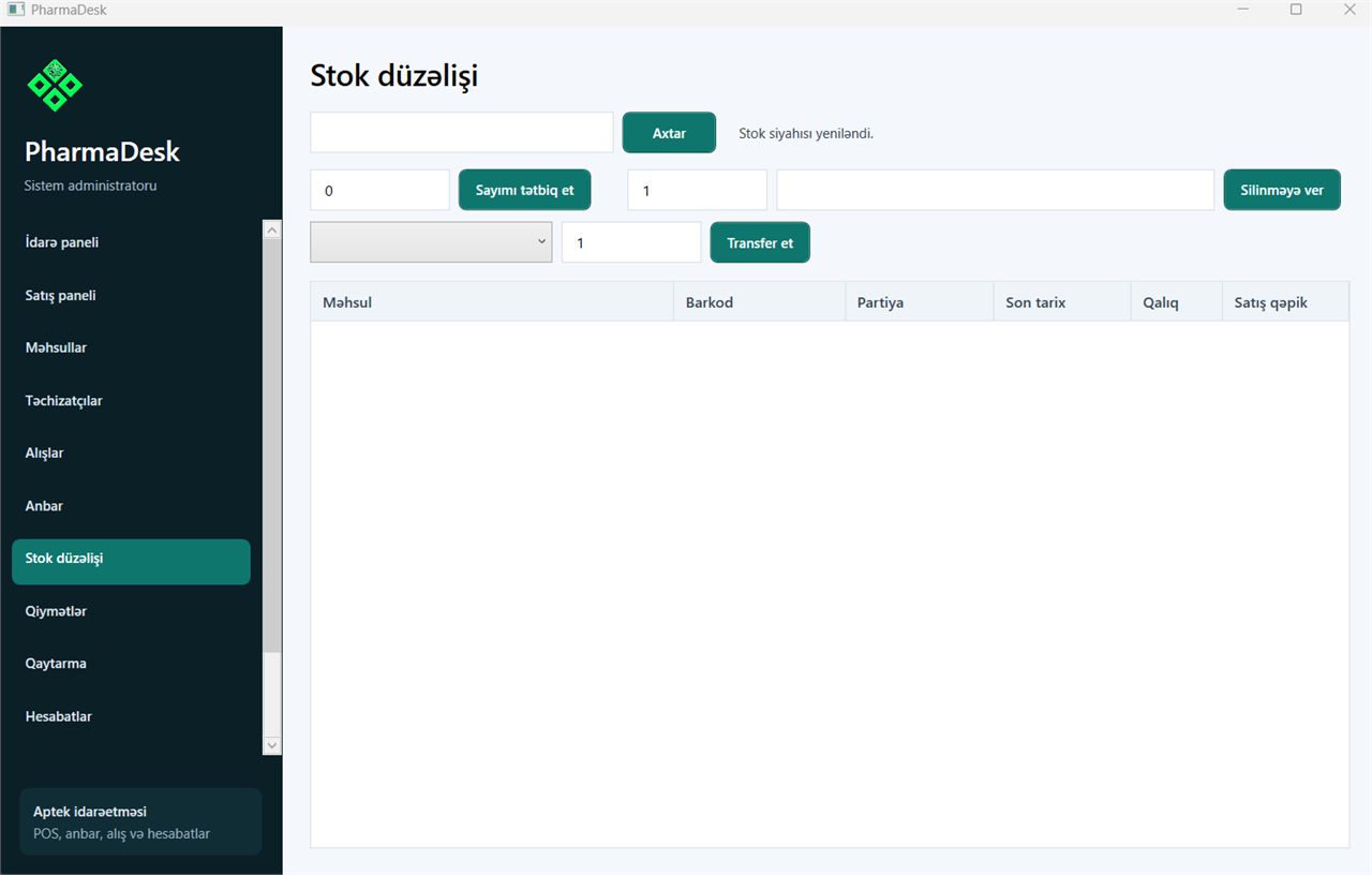 Stok düzəlişi - Aptek idarəetmə sistemi