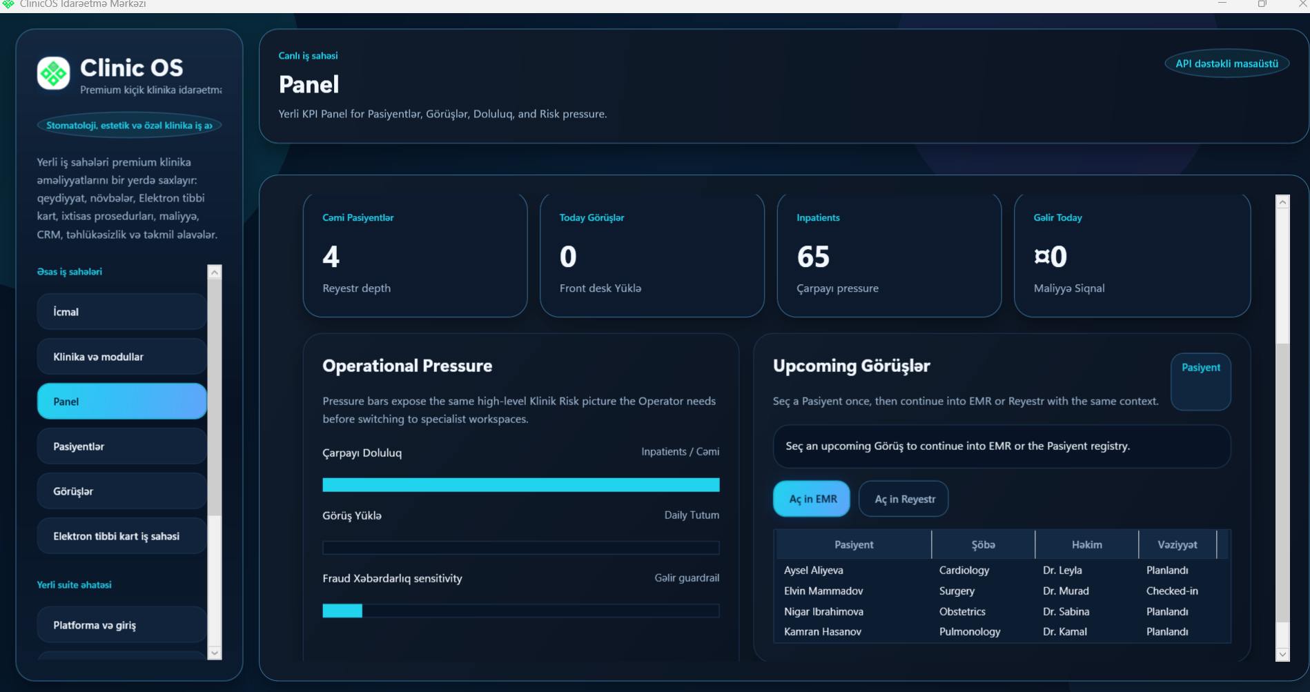 Klinika idarəetmə sistemi dashboard görüntüsü